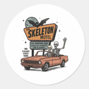 Pegatina Redonda Skeleton Motel Halloween Vintage Road Halloween Sk