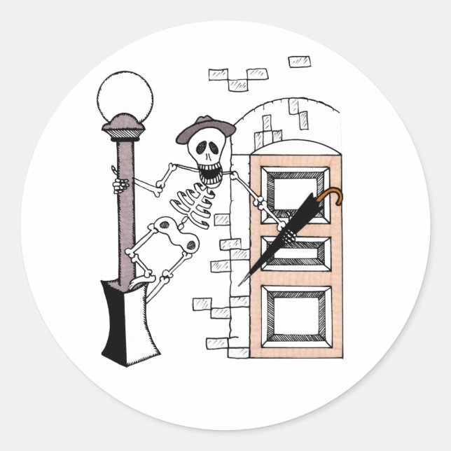 Pegatina Redonda Skeleton Movie Star Celebrity Cantando con paragua (Anverso)