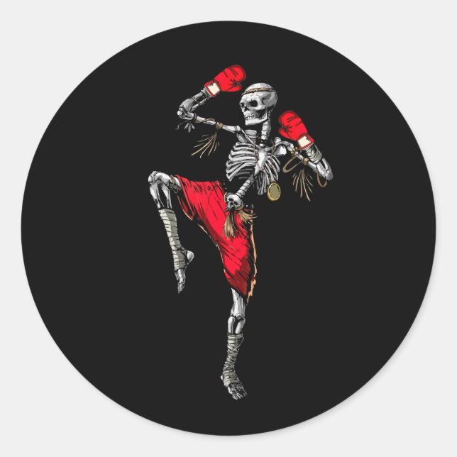 Pegatina Redonda Skeleton Muay Thai Halloween Kickboxing Luchó cont (Anverso)
