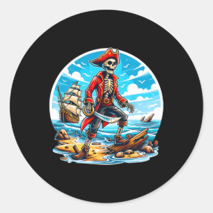 Pegatina Redonda Skeleton Pirate Tee Skull Halloween Skeleton Pirat