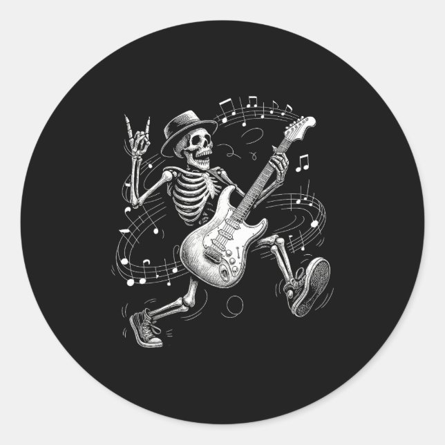 Pegatina Redonda Skeleton Playing Guitar Music For Men Women Rock B (Anverso)