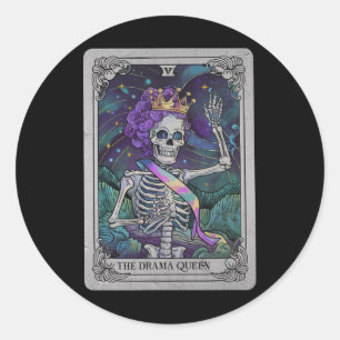 Pegatina Redonda Skeleton Queen Tarot Card Bruja gótica Halloween