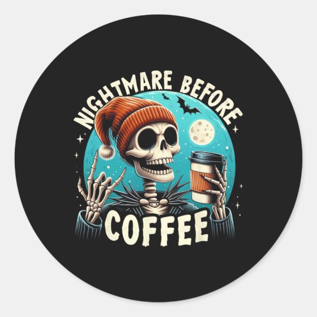 Pegatina Redonda Skeleton retro Halloween Café Mug Scary Night Be (Anverso)