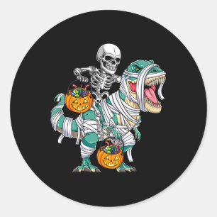 Pegatina Redonda Skeleton Riding Dinosaur T Rex Fun Niños Hallo