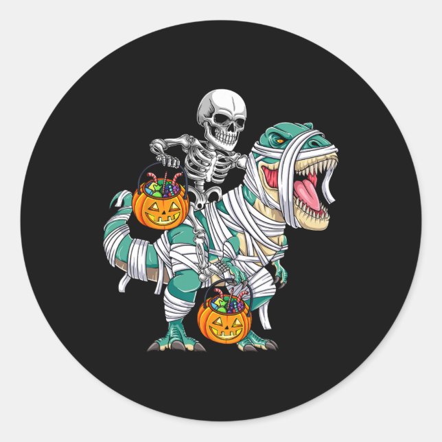 Pegatina Redonda Skeleton Riding Dinosaur T Rex Fun Niños Hallo (Anverso)