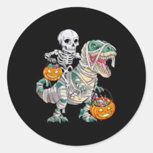 Pegatina Redonda Skeleton Riding Mummy Dinosaur T Rex Halloween Div