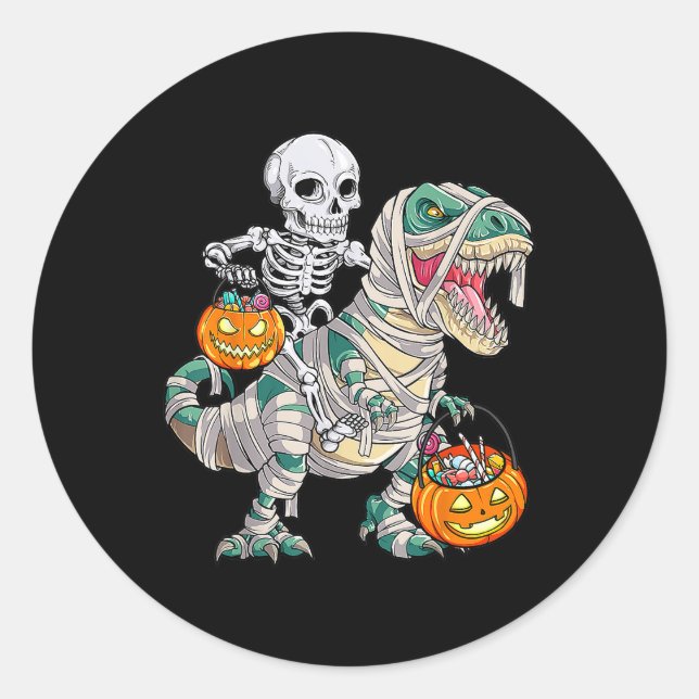 Pegatina Redonda Skeleton Riding Mummy Dinosaur T Rex Halloween Div (Anverso)