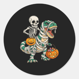 Pegatina Redonda Skeleton Riding Mummy Dinosaur T Rex Niños Hombres