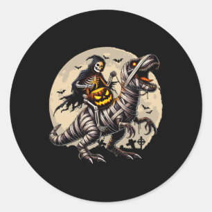 Pegatina Redonda Skeleton Riding Mummy Dinosaur T Rex Pumpkin Funny