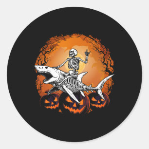 Pegatina Redonda Skeleton Riding Shark Lazy Halloween Disstume dive