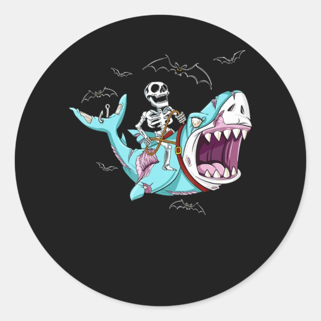 Pegatina Redonda Skeleton Riding Zombie Shark Gracioso regalo de Ha (Anverso)