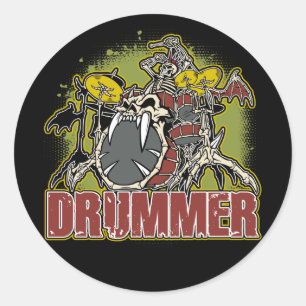 Pegatina Redonda Skeleton Rock Drummer
