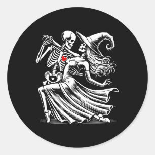 Pegatina Redonda Skeleton Romance Dance con bruja
