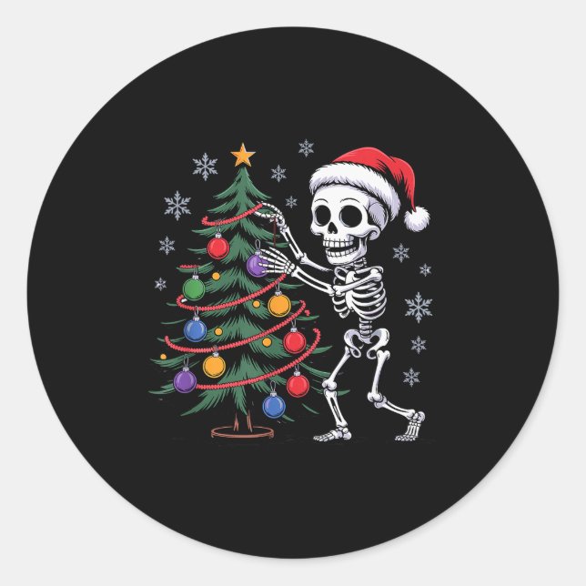 Pegatina Redonda Skeleton Santa Hat Christmas Tree Creepy Cute Xmas (Anverso)