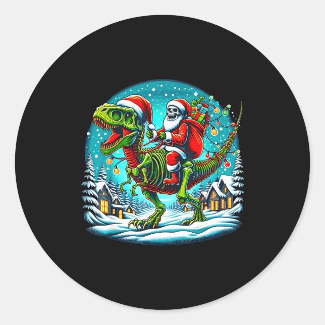 Pegatina Redonda Skeleton Santa Riding T Rex Dinosaur Funny Christm (Anverso)