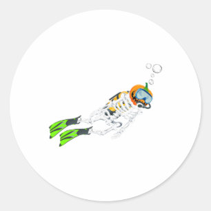 Pegatina Redonda Skeleton Scuba Buving Halloween Bumpkin Diver