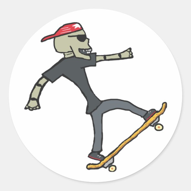 Pegatina Redonda Skeleton Skateboard (Anverso)