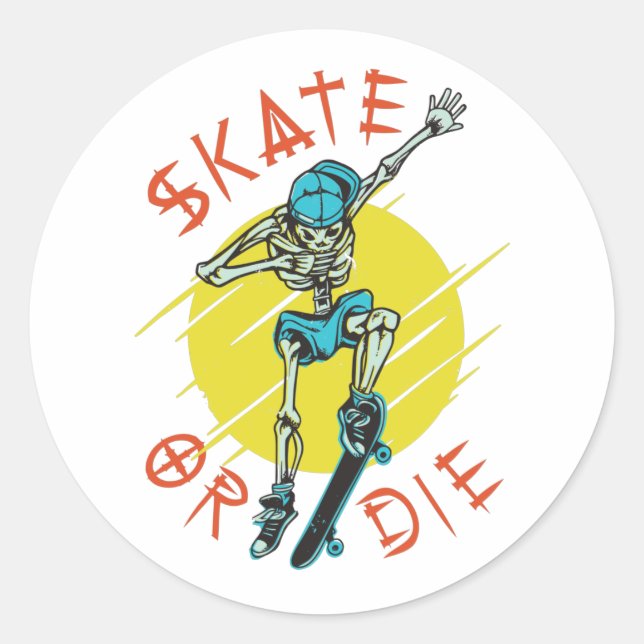 Pegatina Redonda Skeleton Skateboarder (Anverso)