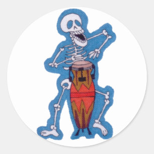 Pegatina Redonda Skeleton Skeleton Drummer Play Conga Drum