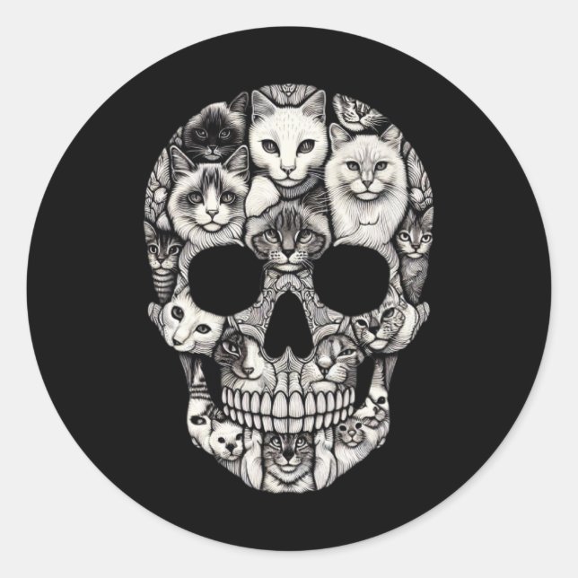 Pegatina Redonda Skeleton Skeleton Halloween Disstuve Skull Cat (Anverso)