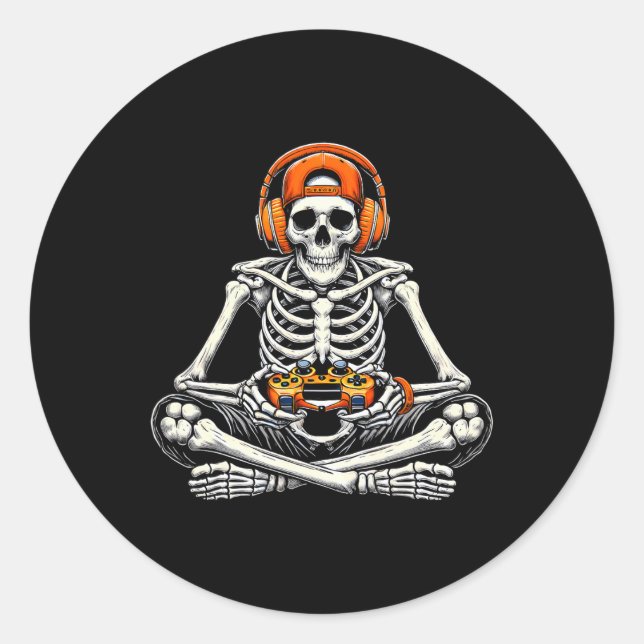 Pegatina Redonda Skeleton Skull Video Game Gamer Halloween (Anverso)
