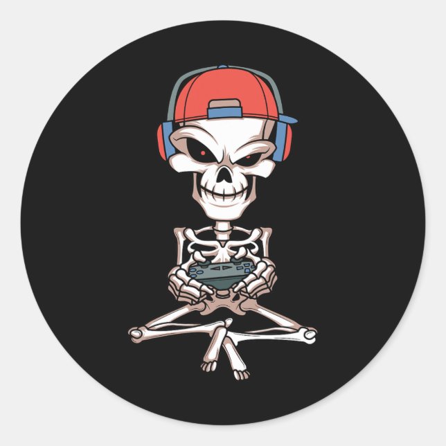 Pegatina Redonda Skeleton Skull Video Gamer Equipo Halloween Hallow (Anverso)