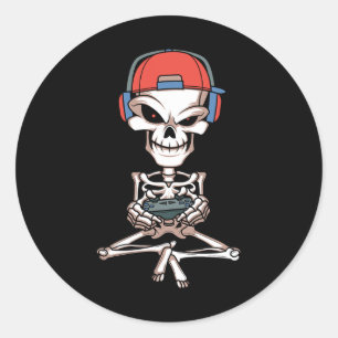 Pegatina Redonda Skeleton Skull Video Gamer Equipo Halloween Hallow