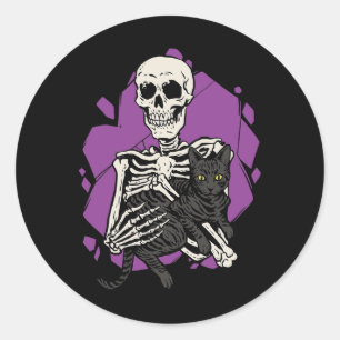 Pegatina Redonda Skeleton Sostenía Un Gato Negro Perezoso Costum De