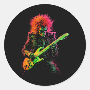 Pegatina Redonda Skeleton Tee Gráfica Jugando La Guitarra Rock Band