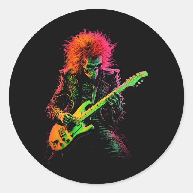 Pegatina Redonda Skeleton Tee Gráfica Jugando La Guitarra Rock Band (Anverso)