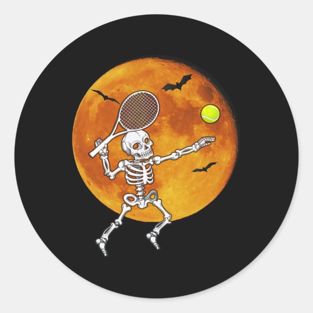 Pegatina Redonda Skeleton Tennis Halloween Racket Ll (Anverso)