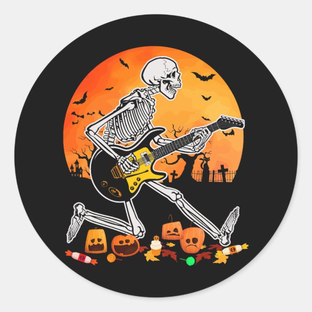 Pegatina Redonda Skeleton Tocando Guitarra Bass Halloween Electric  (Anverso)