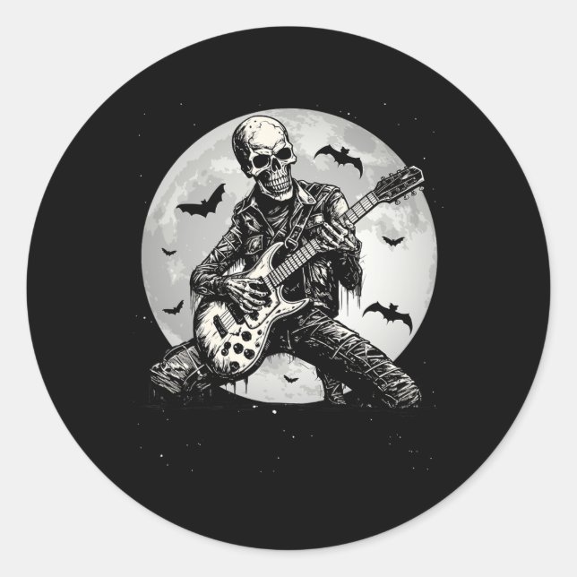 Pegatina Redonda Skeleton Tocando Guitarra Punk Rock Música Hallowe (Anverso)