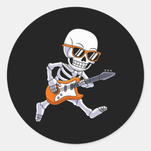 Pegatina Redonda Skeleton Tocando Rock De Guitarra Y Niños Rollos