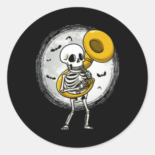 Pegatina Redonda Skeleton Tocando Sousaphone Tu Instrument Hallowee