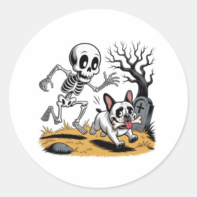 Pegatina Redonda Skeleton vs French Bulldog – Funny Halloween Chase (Anverso)