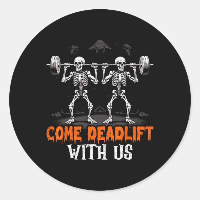 Pegatina Redonda Skeleton Weightlifter Bodybuilder Fitness (Anverso)