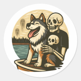Pegatina Redonda Skeleton with Dog on Haunted Lake Horror Art