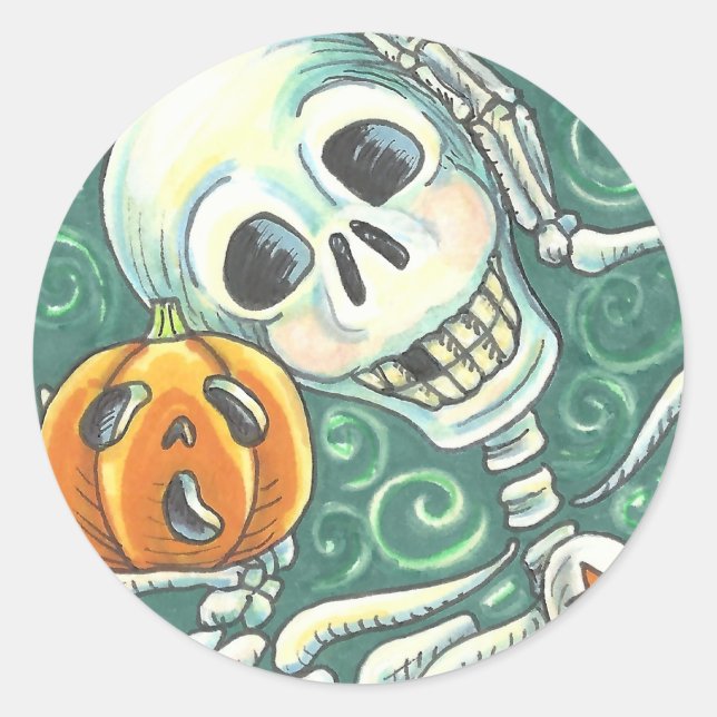 PEGATINA REDONDA SKELETON Y JACK O LANTERN PEGATINAS, RODA DE HOJA (Anverso)