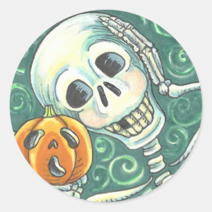 PEGATINA REDONDA SKELETON Y JACK O LANTERN PEGATINAS, RODA DE HOJA