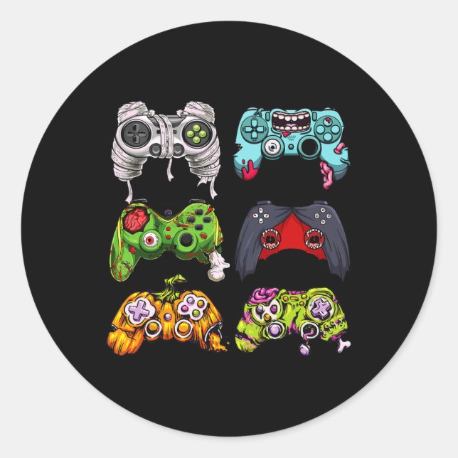 Pegatina Redonda Skeleton Zombie Gaming Controllers Halloween Gamer (Anverso)