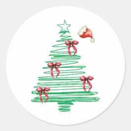 Pegatina Redonda sketchy christmas tree with red bow and santa hat