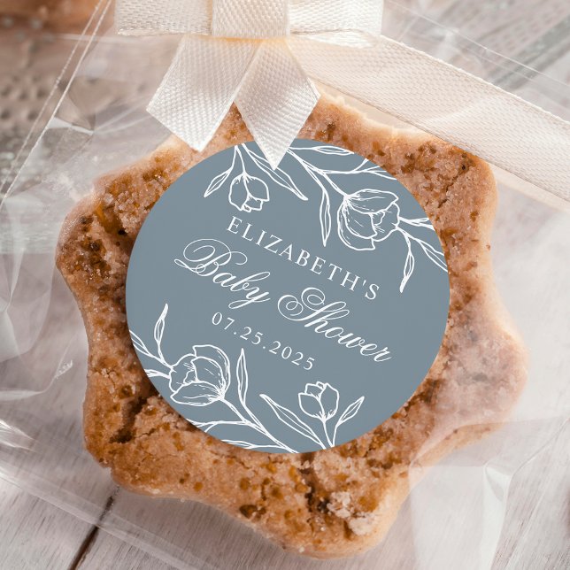 Pegatina Redonda Sketree Floral Dusty Blue Baby Shower (Subido por el creador)