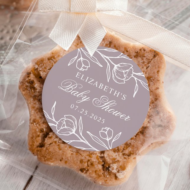 Pegatina Redonda Sketree Floral Dusty Purple Baby Shower (Subido por el creador)