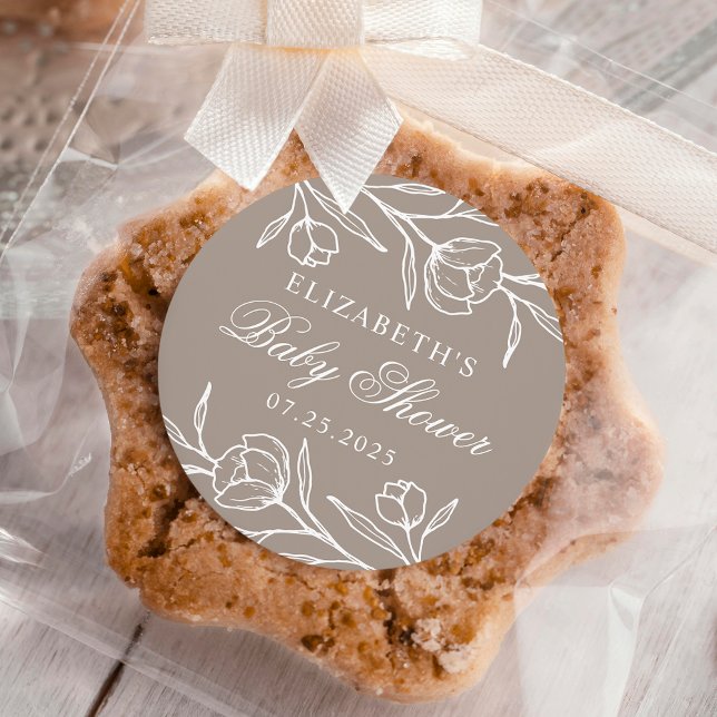 Pegatina Redonda Sketree Floral Taupe Baby Shower (Subido por el creador)