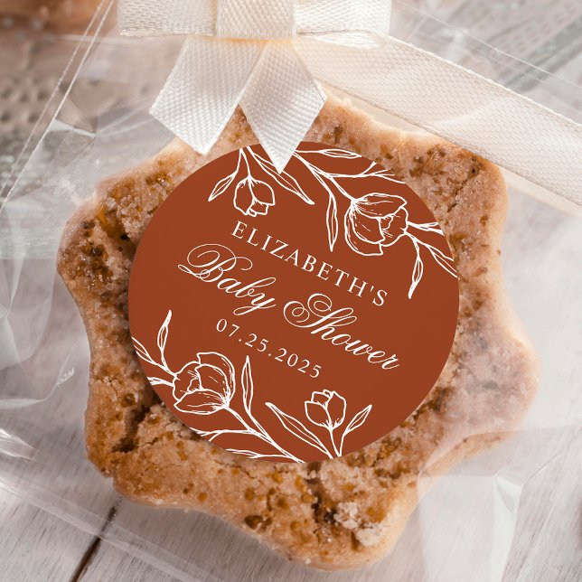 Pegatina Redonda Sketree Floral Terracotta Baby Shower (Subido por el creador)