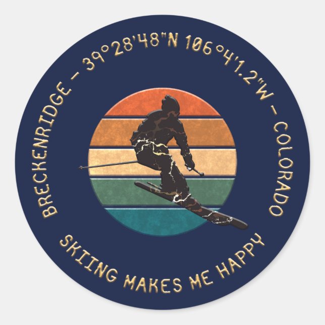 Pegatina Redonda Ski Breckenridge, Colorado - Man Skip Golden Text (Anverso)