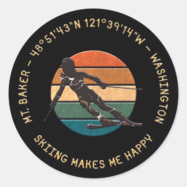 Pegatina Redonda Ski Mt. Baker, Washington - Lady Skier Yellow Text (Anverso)