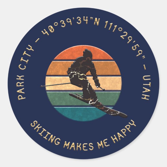 Pegatina Redonda Ski Park City, Utah - Man Skip Golden Text (Anverso)