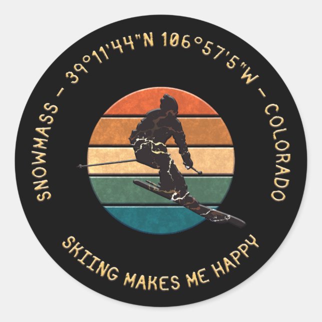 Pegatina Redonda Ski SnowMass, Colorado - Esquiador masculino, Gold (Anverso)